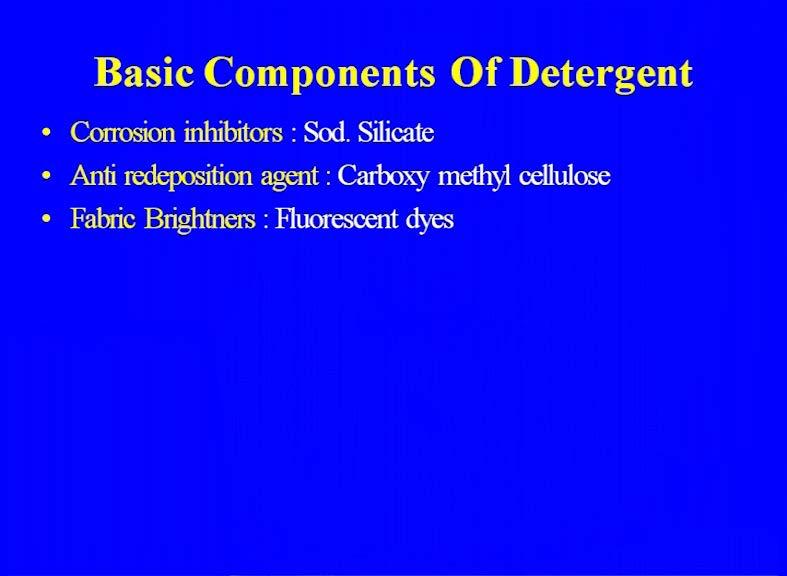 (Refer Slide Time: 16:36) Corrosion inhibitors that it also either it has sodium silicate, anti re deposition C M C methyl cellulose that was