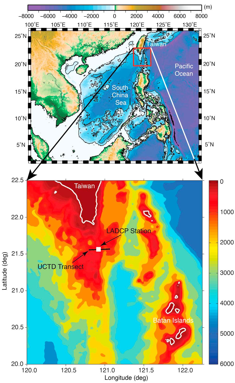 eastern ridge centered near 19 48 N, 121 48 E just north of Babuyan Island in the Balintang Channel, and one on the northern Heng-Chun Ridge where the water is less than 500 m deep.