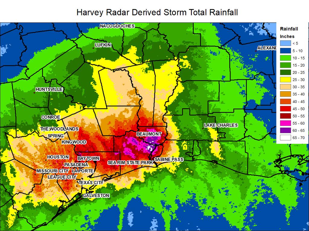 Hurricane Harvey $125 billion in damage 68 fatalities Deadliest hurricane in Texas since 1919 Storm surge maximum of 8-10 feet near Rockport