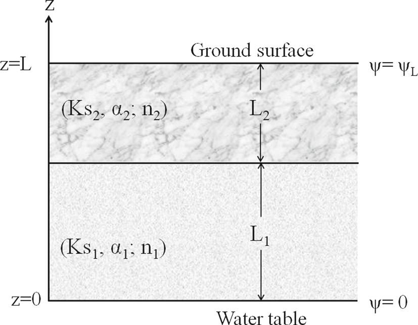 Direct Hydraulic Parameter and Function Estimation for 805 Fig. 1 Configuration of the unsaturated flow problem (L = L 1 + L 2 ).