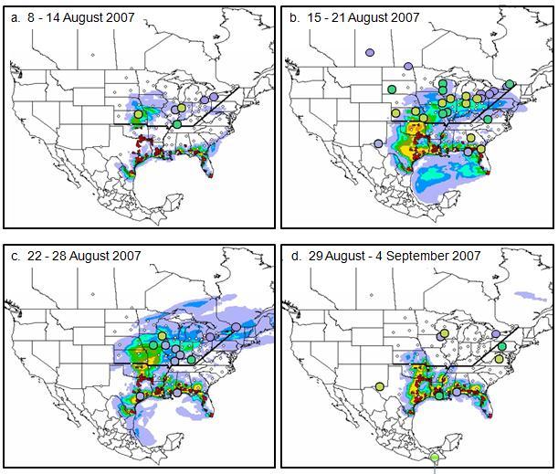 Maps showing 2007 collection weeks for which rain samples and IAMS output both indicate deposition of P. pachyrhizi urediniospores in the continental interior of North America Isard, S.A., C.W.