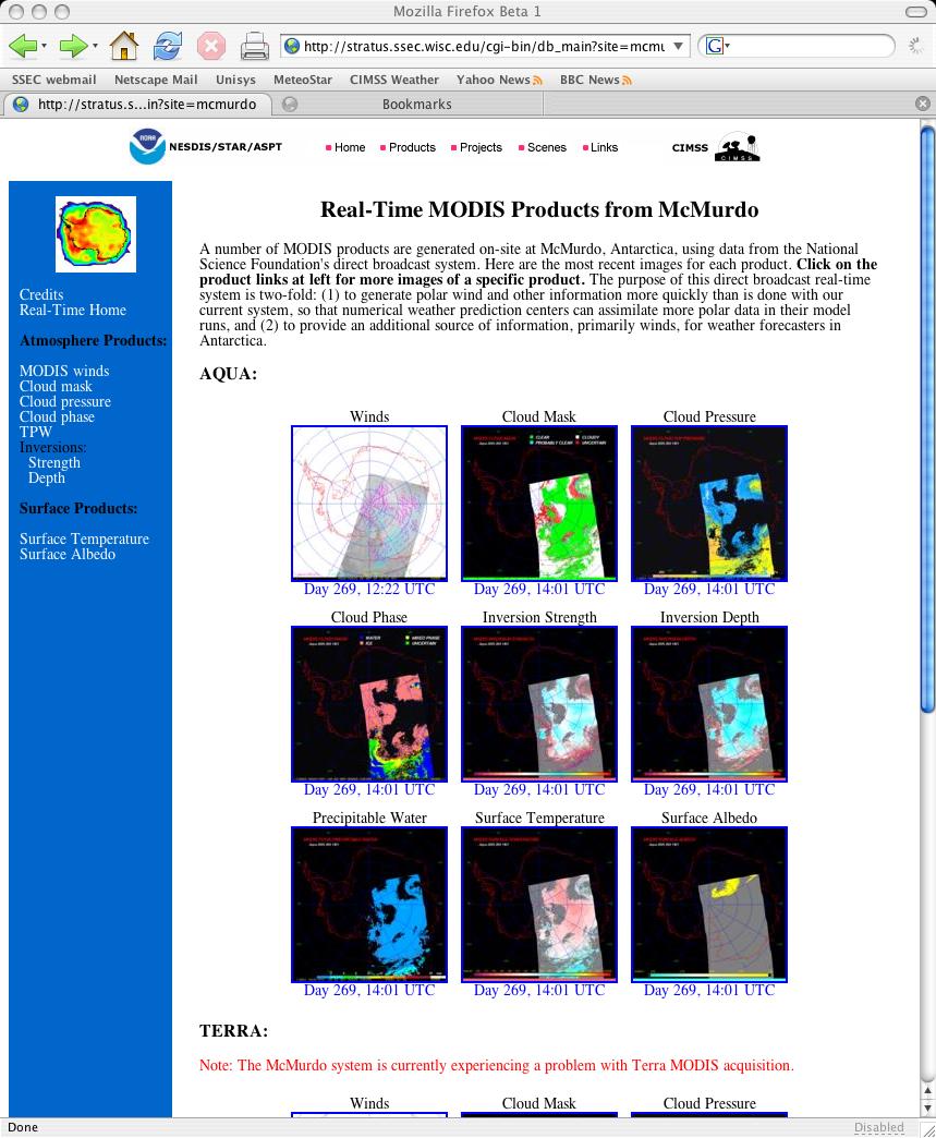Currently, the products are being displayed on the WWW in near real time at: http://stratus.ssec.wisc.