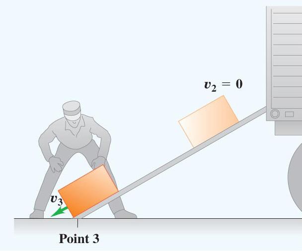 8. A workman shoves a crate up a ramp with an initial velocity v 1 = 6 m/s. The crate slides up along the ramp through a distance of 2.