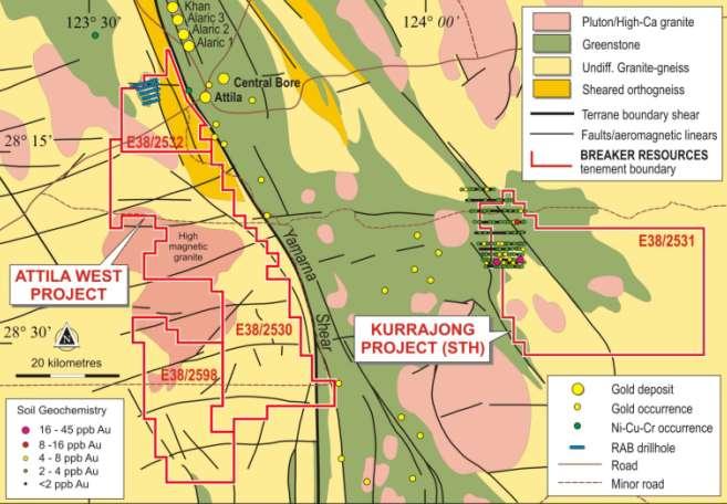 Attila West/Kurrajong South Interpreted geology with gold-in-soil, previous drilling Outcrop geology