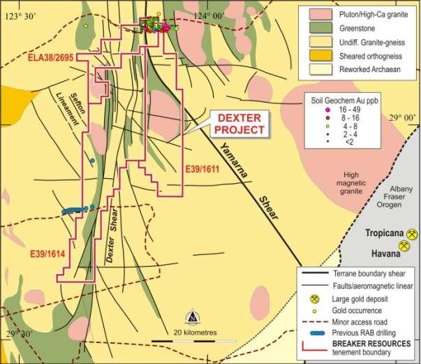 Dexter Project Interpreted geology with gold-in-soil, previous drilling 27 km of Yamarna Shear, 60 km of Dexter Shear along strike from gold mineralisation 1,103 kms 2 Soil anomalies to 32 ppb Au in
