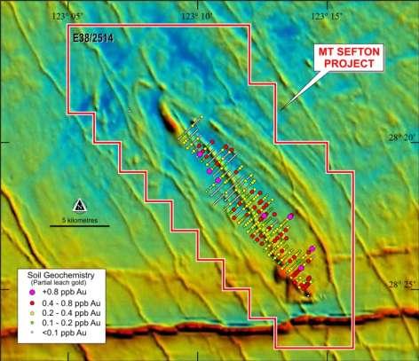 Mt Sefton Project Mt Sefton Location Aeromagnetic image with gold-in-soil (1998) 211 kms 2 Targets