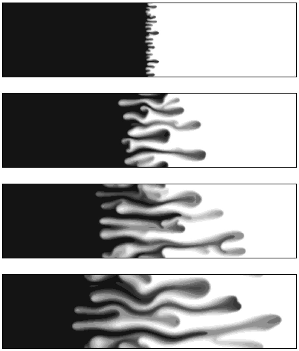 9624 A. De Witt and G. M. Homsy: Viscous fingering in porous media. II FIG. 6. Viscously unstable front (R 3) in a layered system with Pe 1024, A 8, 0.