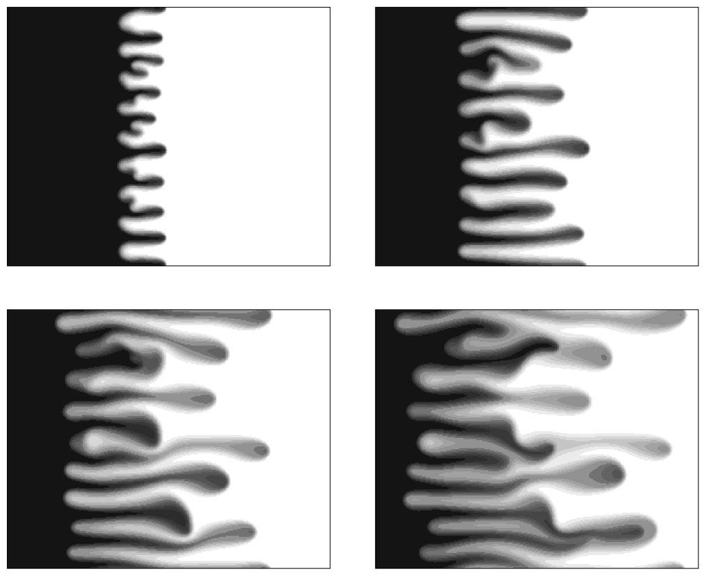 A. De Witt and G. M. Homsy: Viscous fingering in porous media. II 9625 FIG. 9. Viscously unstable front (R 3) in a layered system with Pe 1024, A 2, 0.