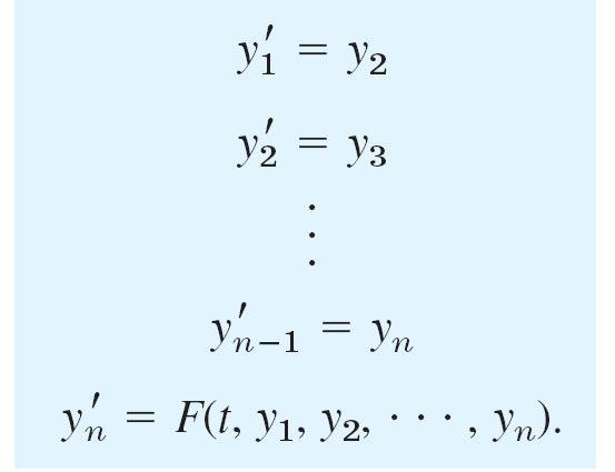 Conversion of an nth-order ODE to a System THEOREM 1 Conversion of an ODE An nth-order ODE (8) y (n) = F(t, y, y',, y (n 1) ) can be