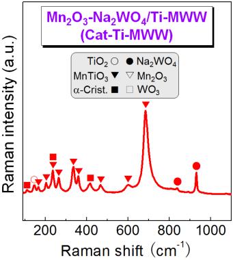 Na2WO4, WO3, MnWO4, and MnTiO3, and of the Mn2O3-Na2WO4/SiO2 (denoted as Cat-SiO2),