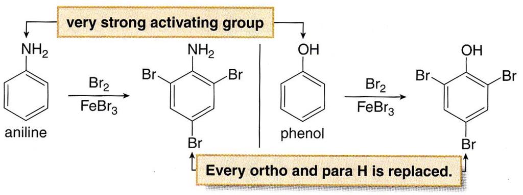 Halogenation of Activated Benzenes Benzene rings activated by strong electron donating groups OH and NH 2 undergo polyhalogenation when treated with X 2 and FeX 3.