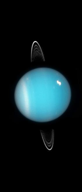Uranus Critical Data NASA image from Hubble Space Telescope Mass: 14.536 M e Radius: 4 R e Moons: 27 Distance to Sun: 19.2 AU Rotation Period: 17 hr, 14 min Orbital Period: 84.