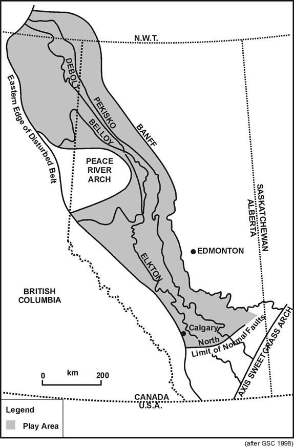 4.2.2 Mississippian Subcrop Play This play is defined to include all the oil pools found in unconformity traps at the subcrop edges of the Banff, Pekisko, Shunda, Elkton, and Debolt Formations.