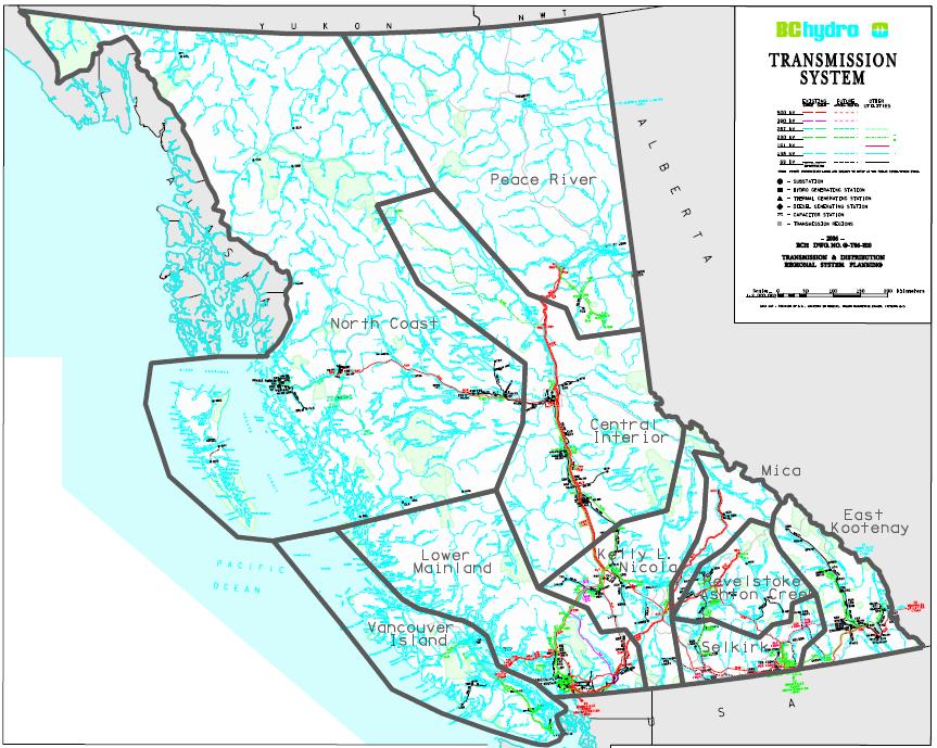 Figure 1 10 Major Transmission Regions in BC Hydro system As seen in Figure 1, transmission regions such as the North Coast cover a large area including areas with dense transmission coverage (e.g., the Northern area) and areas with close to none (e.