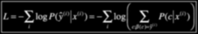 Speech Recognition Loss? β(..) ŷ = "HELLO" L = log P(ŷ (i) x (i) ) = log P(c x (i) ) i i c:β (c)=ŷ (i ) H H E E E L L - L O O probability distribution shape = (28,1).31.2.3.1.1.2.8.23.11.