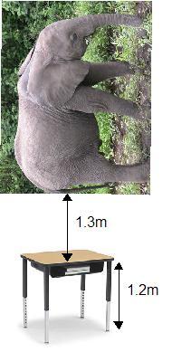Example 4: Determine the gravitational potential energy of a 900 kg elephant held 1.3 m above a desk that is 1.2 m high, as shown in the completely realistic and undoctored photo to the right.
