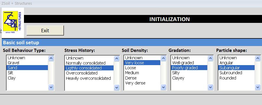 Non-cohesive soil setup Initialization