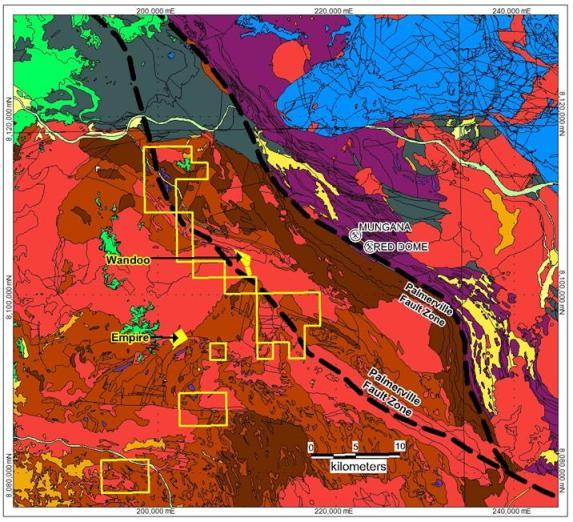 Figure 2: The Chillagoe Gold Project on detailed 250K Geology Yellow Outlines EPM boundaries; Solid Yellow Wandoo