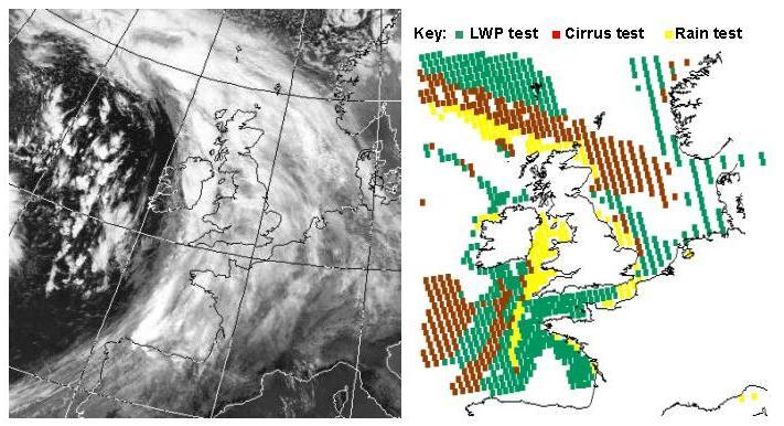 identify the presence of precipitation and significant cloud water in the field of view. As reported in English et al. (1997) the following tests are used in the AAPP program: Liquid water path test.