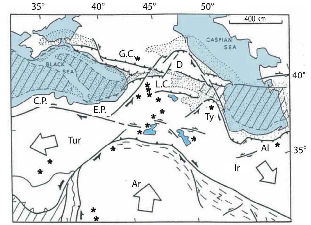 Mud Volcanoes in the South Caspian Basin Plate collision outline Outline of plate motion and direction (white arrows) and
