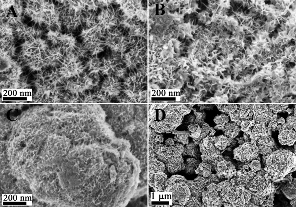 Fig. S3 SEM images of TiO 2 interpenetrating network architectures and SnO 2 -decorated TiO 2 samples over arrange of crystal seeding conditions: (A) 1 mm seeded TiO 2, (B) 0.2 mm seeded TiO 2, (C) 0.