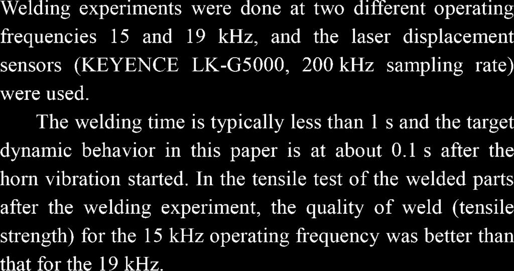 Welding experiments were done at two different operating frequencies 15 and 19 khz, and the laser displacement sensors (KEYENCE LK-G5000, 200 khz sampling rate) were used.