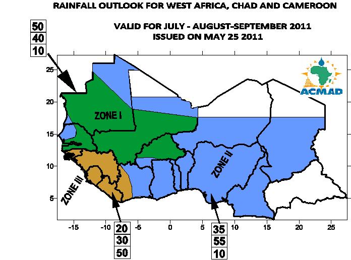 Figure 2: Precipitation Outlook Valid for July-August-September 2011 over West Africa, Chad and Cameroon.