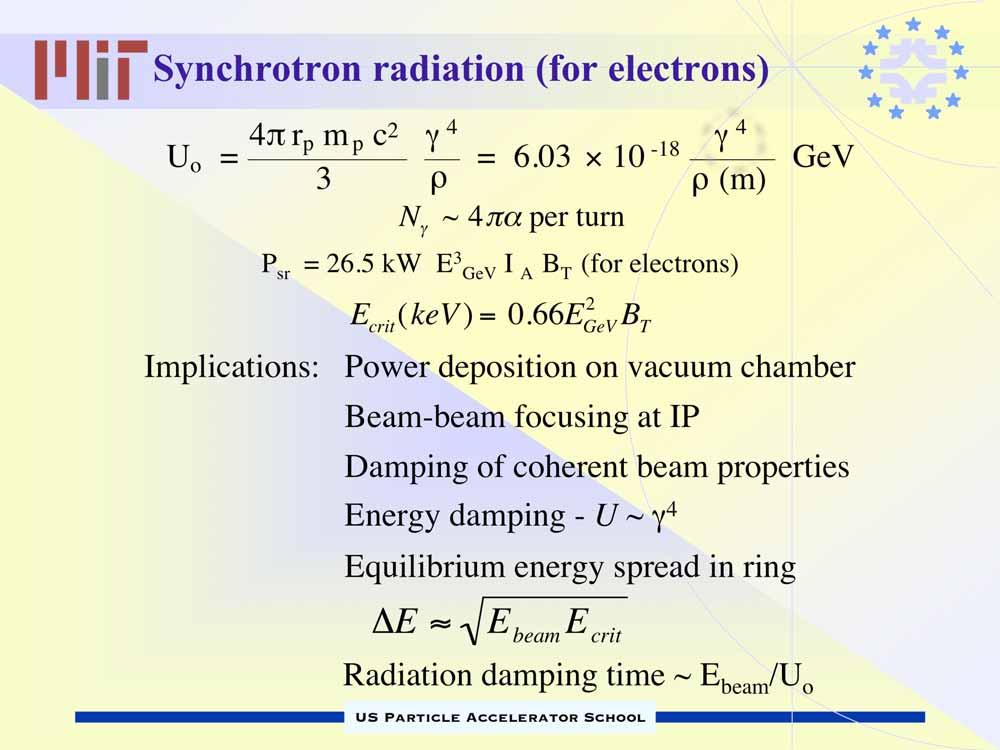 Synchrotron radiation (for electrons) U o = 4 r p m p c 2 3 N 4 = 6.03 10-18 ~4 per turn P sr = 26.5 kw E 3 GeV I A B T 2 E crit (kev ) = 0.