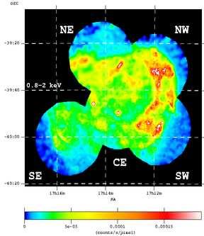 G. Cassam-Chenaï et al.: XMM-Newton observations of SNR RX J1713.7 3946 5 Fig.2. Left panel: MOS mosaiced image of SNR RX J1713.7 3946 in the 0.8-2 kev energy band.