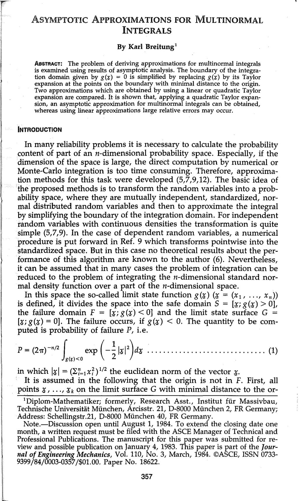 ASYMPTOTIC APPROXIMATIONS FOR MULTINORMAL INTEGRALS By Karl Breitung 1 Downloaded from ascelibrary.org by GEORGE MASON UNIVERSITY on 07/16/13. Copyright ASCE.