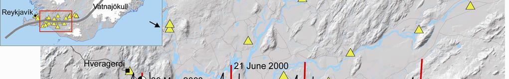 Yellow triangles indicate strong-motion stations of the Icelandic Strong-motion Network.