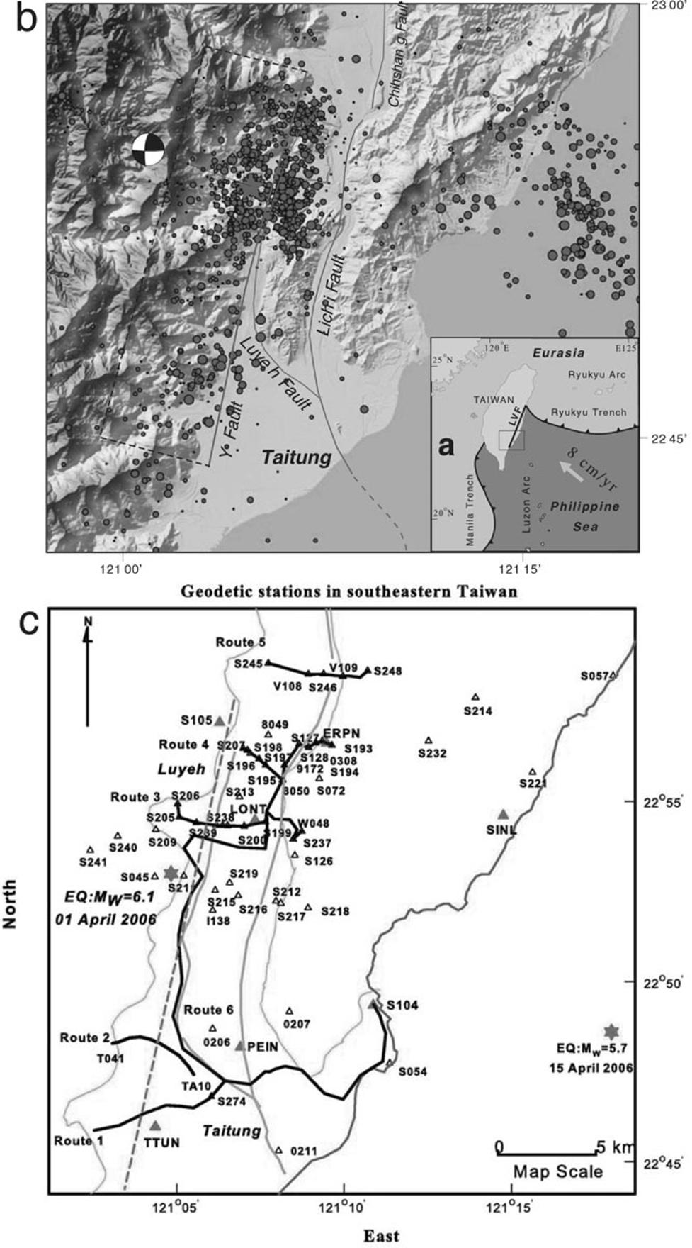 300 H.-Y. CHEN et al.: COSEISMIC DISPLACEMENT AND SLIP DISTRIBUTION FOR 2006 PEINAN EARTHQUAKE Fig. 1. (a) Tectonic framework of the Taiwan area.