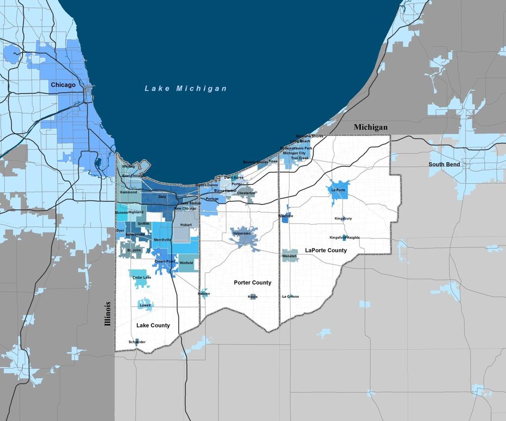 The Northwest Indiana Region 3 counties: Lake, Porter, and LaPorte 41 cities and towns 2010 population: 771,815 1,520 square miles