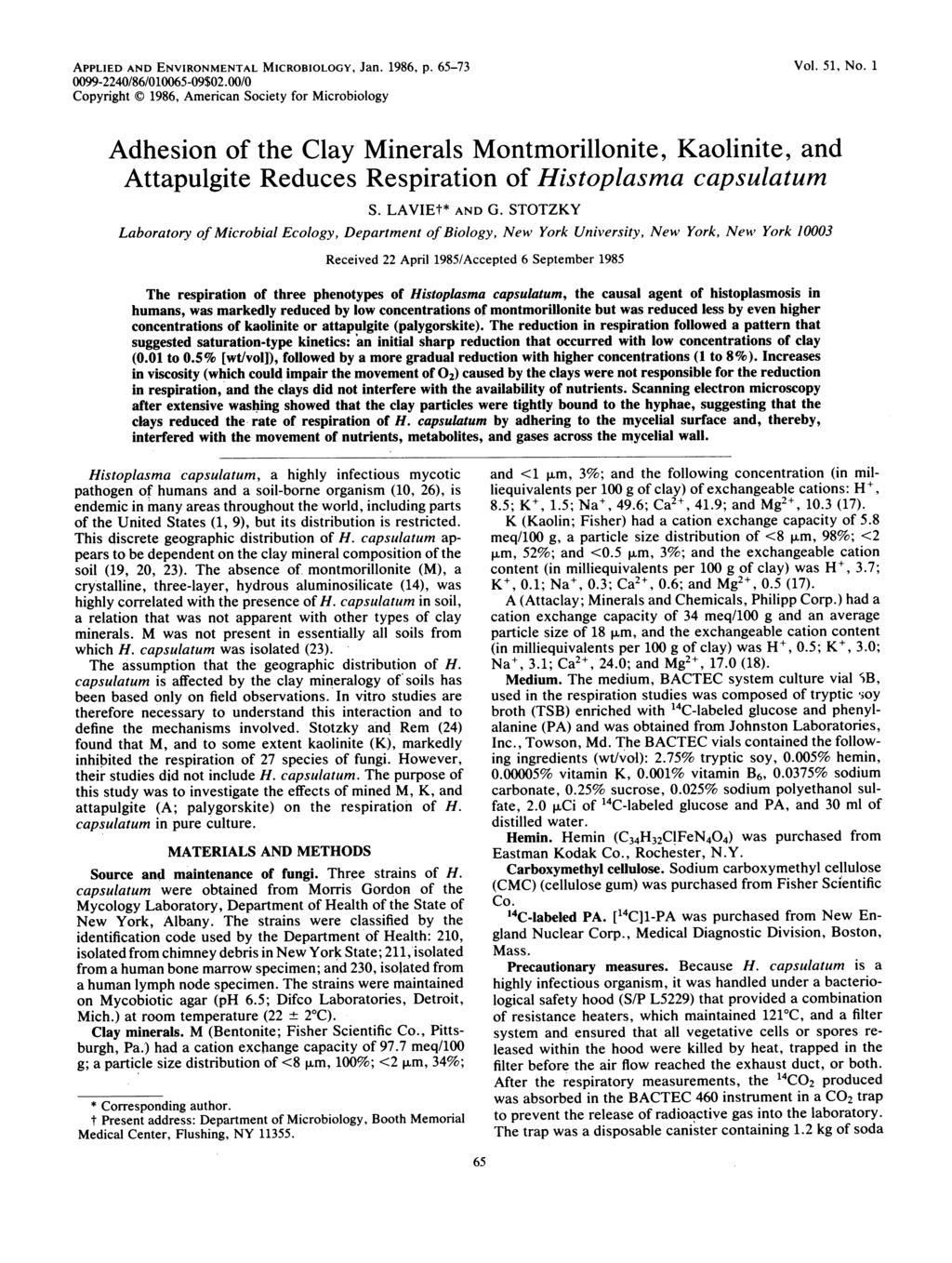 APPLIED AND ENVIRONMENTAL MICROBIOLOGY, Jan. 1986, p. 65-73 99-224/86/165-9$2./ Copyright C) 1986, American Society for Microbiology Vol. 51, No.