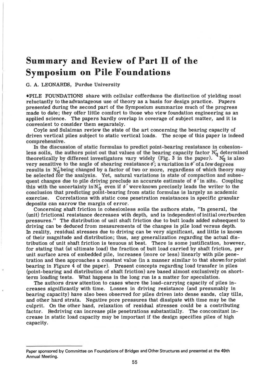 Summary and Review of Part II of the Symposium on Pile Foundations G. A.