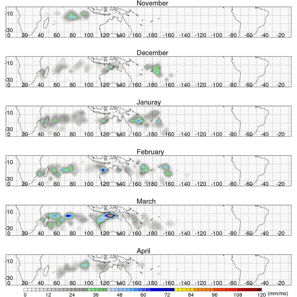 Seasonal Variations: TRMM RPF 2A25 TC Mean Monthly
