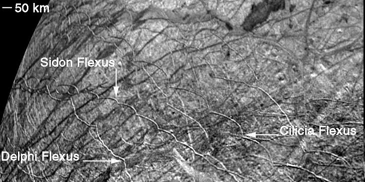 Europa: Cycloidal features ( flexi ) near Europa s south pole. These cycloidal cracks form in Europa's solid-ice surface with the daily rise and fall of tides in the subsurface ocean (Gregory V.