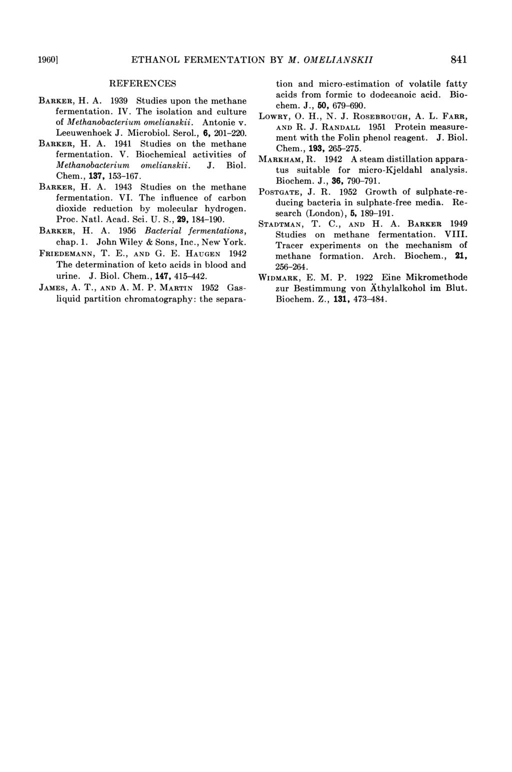 19601 ETHANOL FERMENTATION BY M. OMELIANSKII 841 REFERENCES BARKER, H. A. 1939 Studies upon the methane fermentation. IV. The isolation and culture of Methanobacterium omelianskii. Antonie v.