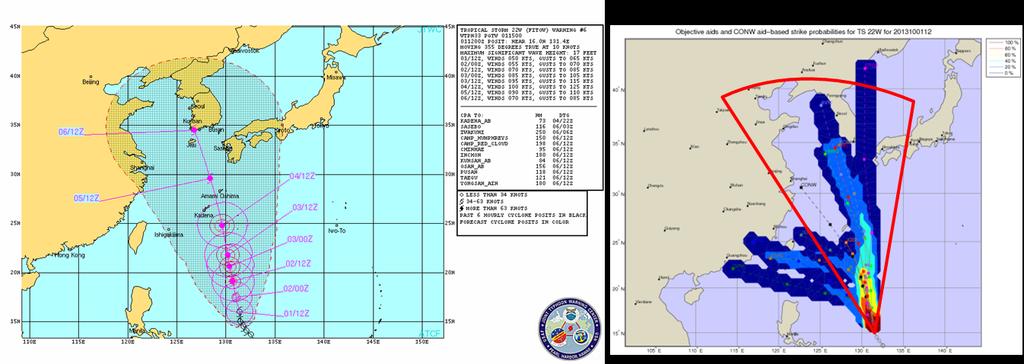 Figure 1-24: Left: JTWC warning graphic for TY 22W, 10/01/12Z. Hashing represents 34-kt wind forecast uncertainty area.