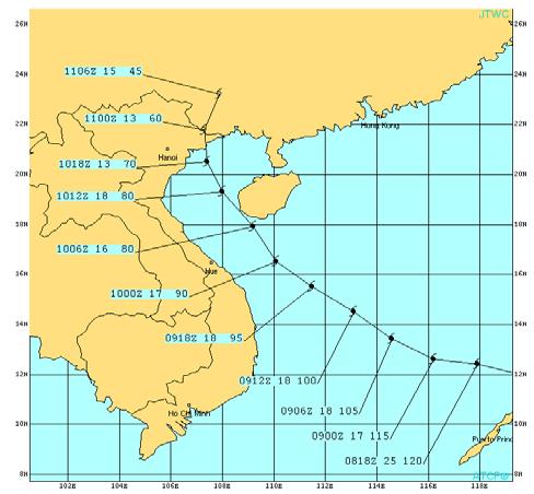 Figure 1-36: Best track positions and associated intensities for STY 31W (Haiyan) as the cyclone weakened while moving across the South China Sea and dissipated over southern China.