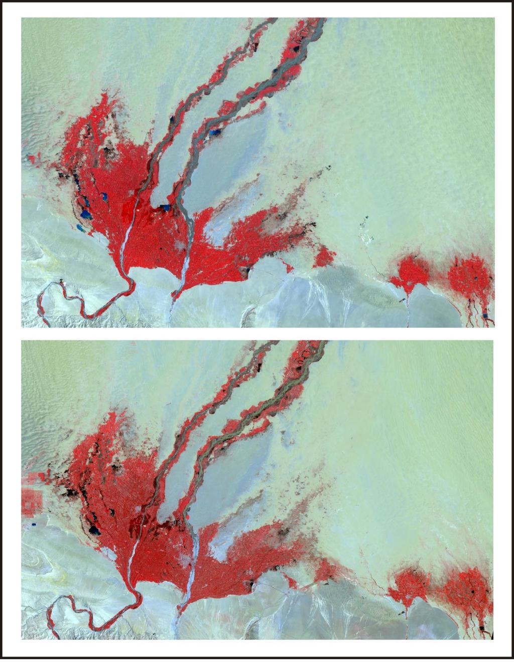 Figure 2: Three major cities in the study site: Moyu (Upper; image date: 19 September 2005), Hetian (Middle; image date: 31 March 2006), and Luopu (Lower: image date: 30 April 2010).