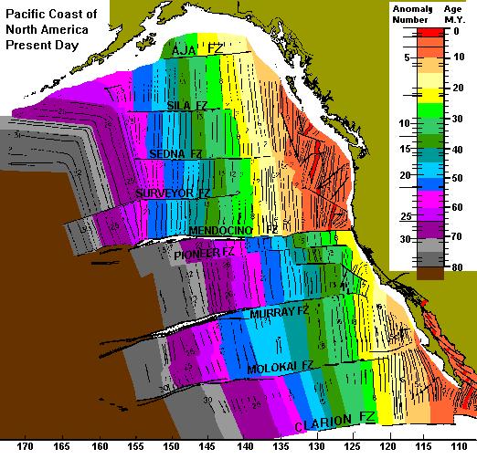 This map shows ages of oceanic crust of the Pacific Plate in the northeast Pacific Ocean, including the Gulf of Alaska.