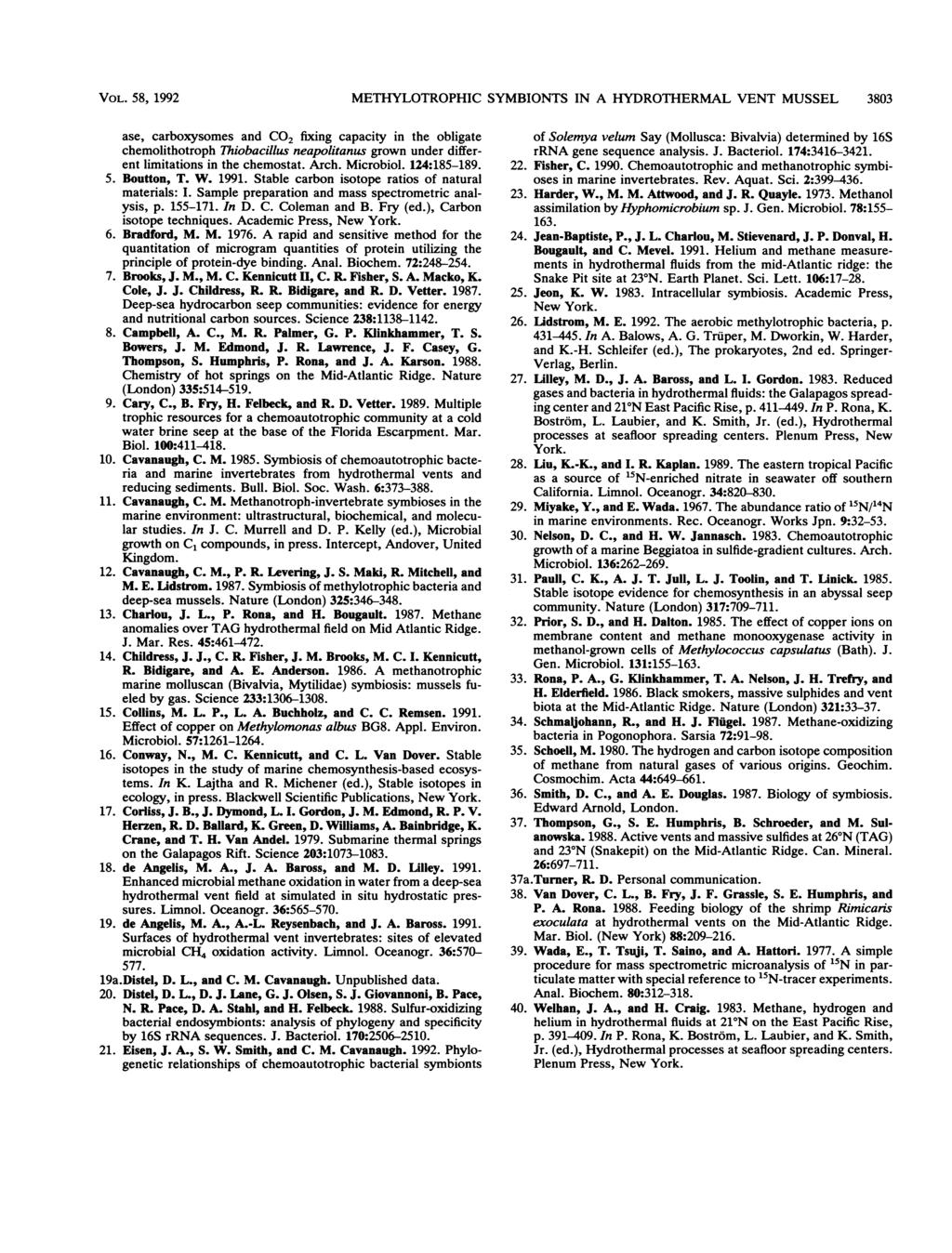 VOL. 58, 1992 METHYLOTROPHIC SYMBIONTS IN A HYDROTHERMAL VENT MUSSEL 3803 ase, carboxysomes and CO2 fixing capacity in the obligate chemolithotroph Thiobacillus neapolitanus grown under different