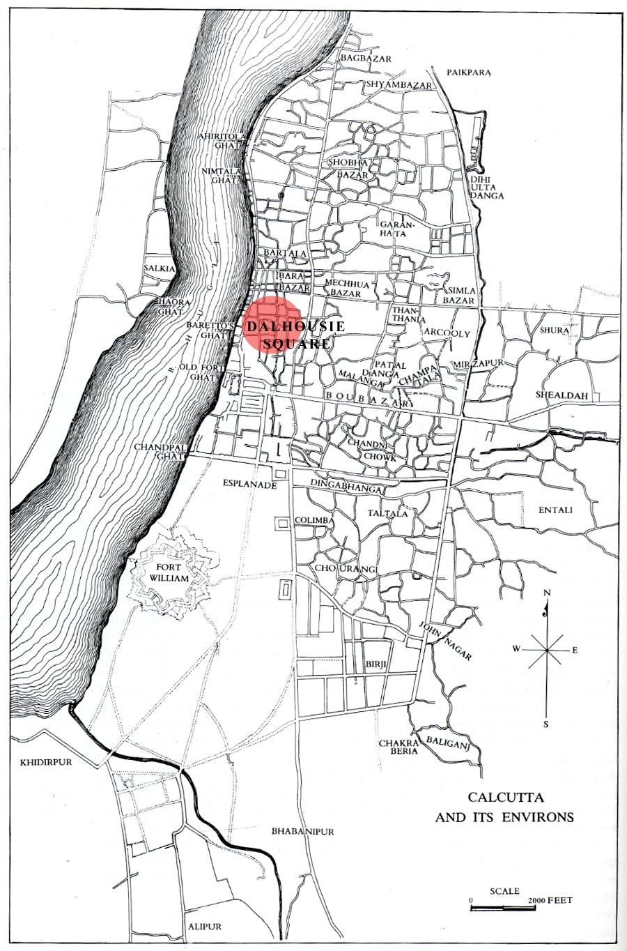 Figure 17: Old Calcutta based on Upjohn's Survey 1792-93, showing location of Dalhousie Square (Source: P 22, Chaudhuri, Sukanta. ed.