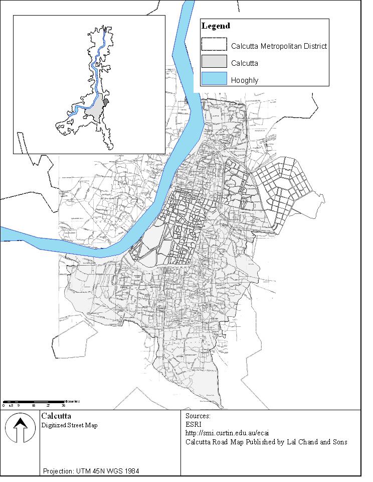 Figure 42: Digitized Street Map of Calcutta To incorporate the data acquired during site observations into Geographic Information System, layers of information have been generated using