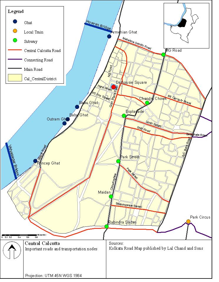 Figure 52: Transportation Nodes in Central Calcutta Figure 52 illustrates the major transportation nodes overlaid on the road network