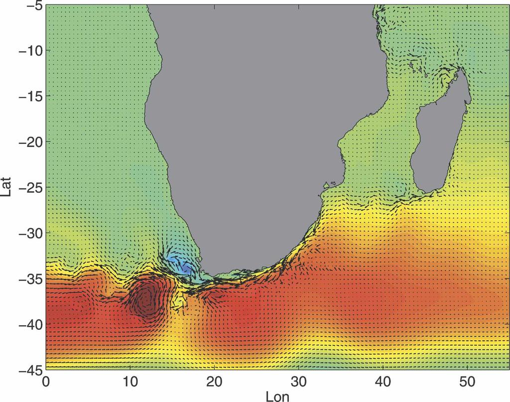 2946 J O U R N A L O F P H Y S I C A L O C E A N O G R A P H Y VOLUME 37 FIG. 6. A close-up view of the Agulhas region from a nonlinear run, after the separated current goes unstable.