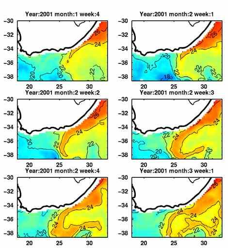 Sequence of weekly mean TMI TRMM sea surface temperature showing an unusual early retroflection of the Agulhas Current at a position more eastward and northwards than normal.