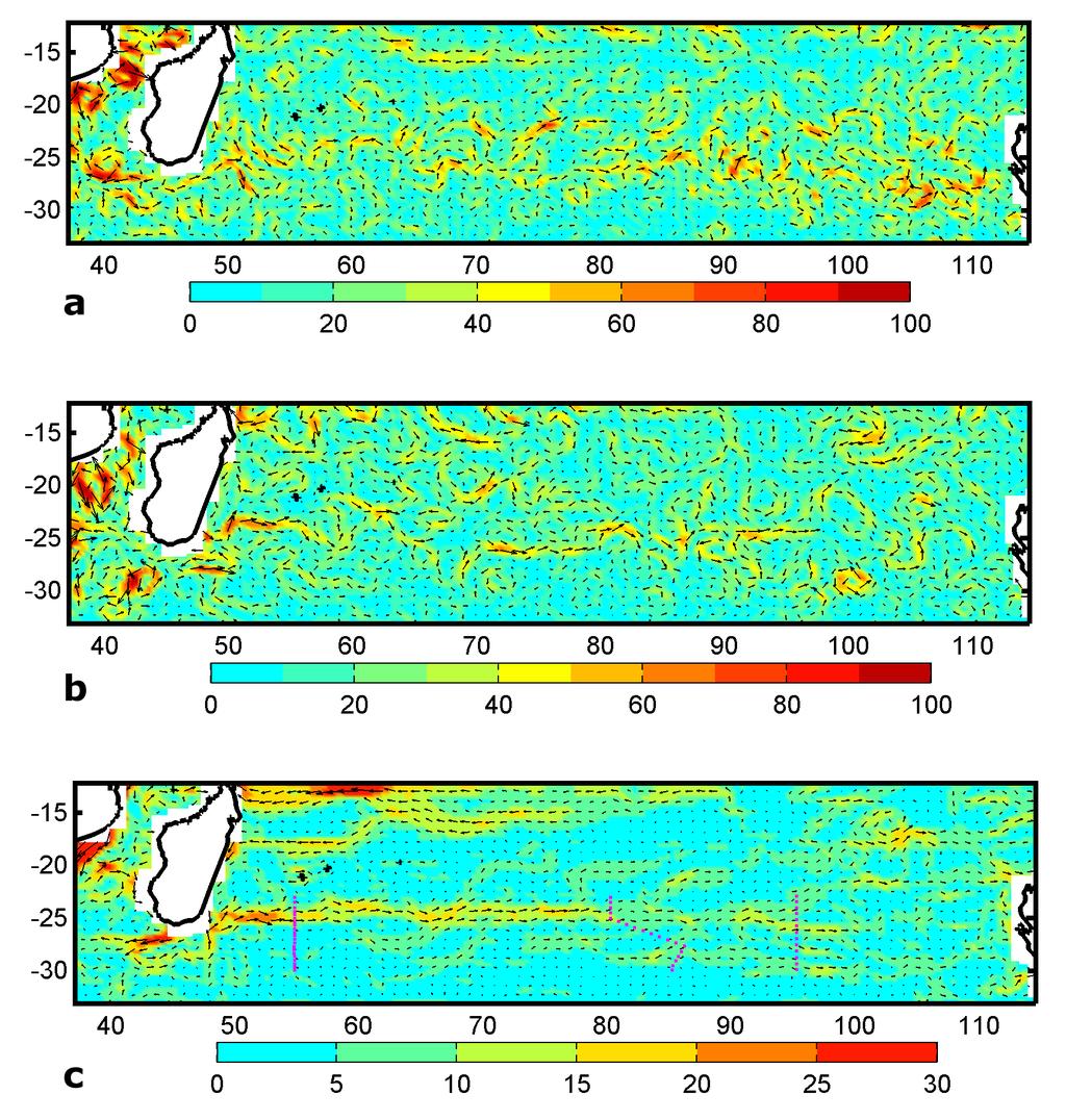 Altimetry derived geostrophic currents averaged over five years from August 2001 to May 2006 showing the newly documented South Indian Counter Current and