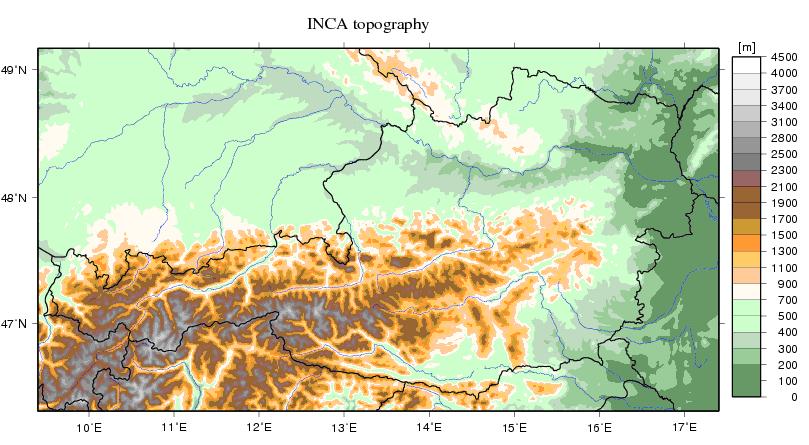 Domain and Topography INCA AT Domain size 600 x 350 km Elevation range 100-4000 m Resolution